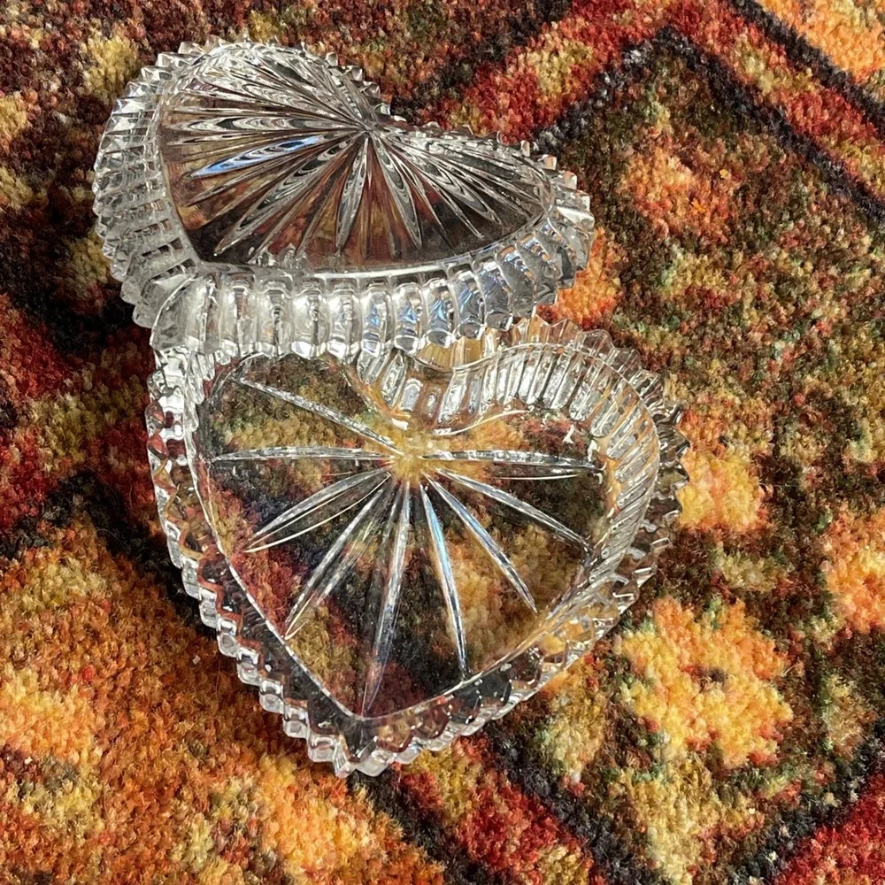 2 Clear Heavy Cut Glass Heart Shaped Trinket Vanity Box and Dish
